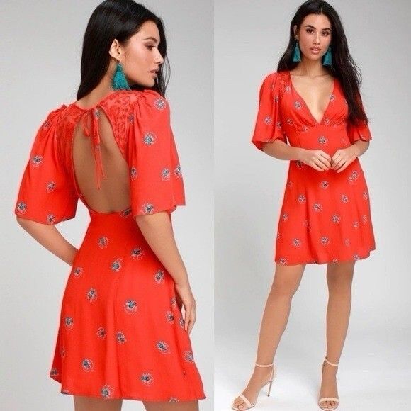 Free People Dresses & Skirts - Free People Mockingbird Dress 6 Backless Mini Orange Red Lace Flirty Floral Boho